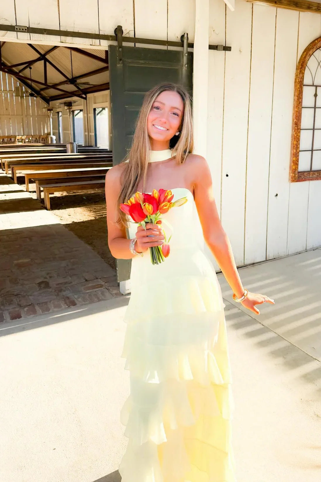 Yellow Chiffon A-Line Tiered Maxi Dress Outfit Strapless Party Prom  Dresses