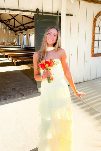 Yellow Chiffon A-Line Tiered Maxi Dress Outfit Strapless Party Prom  Dresses