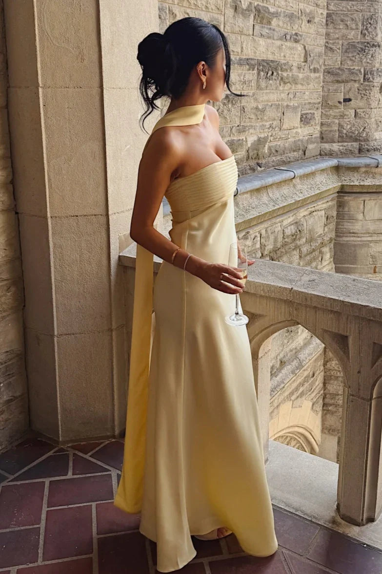 Yellow Satin Fitted Strapless Maxi Party Prom Dress Long