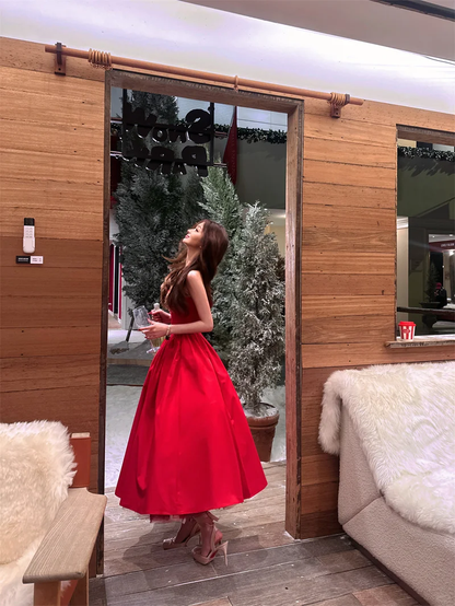 Halter A Line Satin Long Prom Dress Red Midi Evening Dresses Birthday Dress