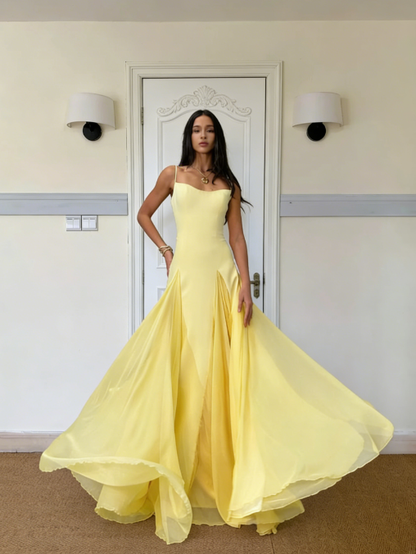 Yellow Simple A Line Woman Party Dresses Spaghetti Straps Chiffon Prom Outfits