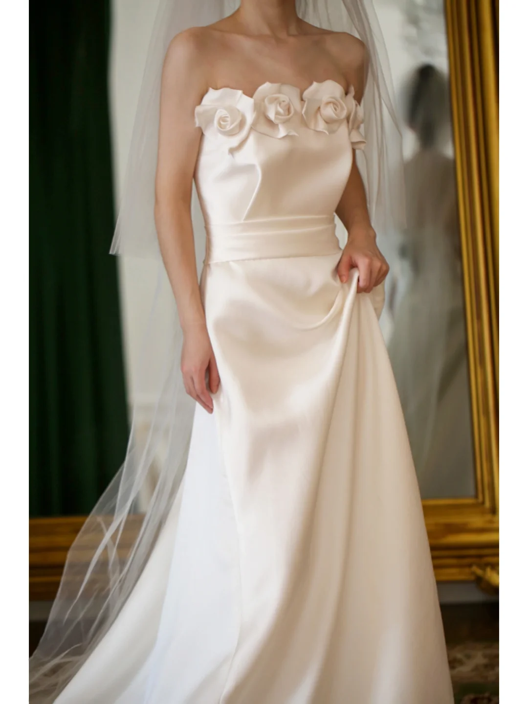 Beautiful A Line Strapless White Satin Wedding Dress Long