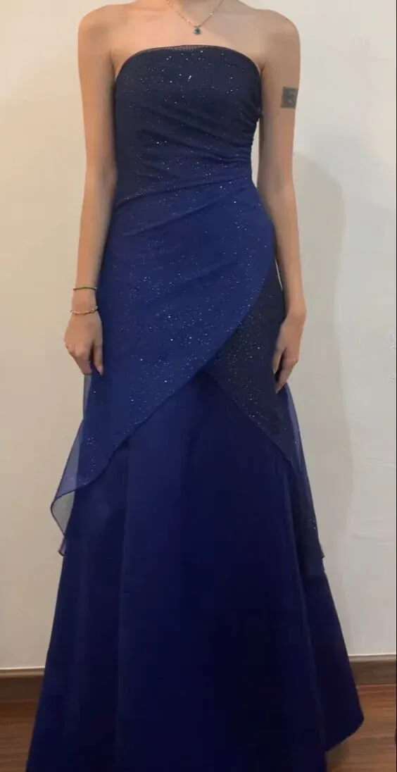 Navy Blue Sheath Prom Dress Long Strapless Party Dresses for Women