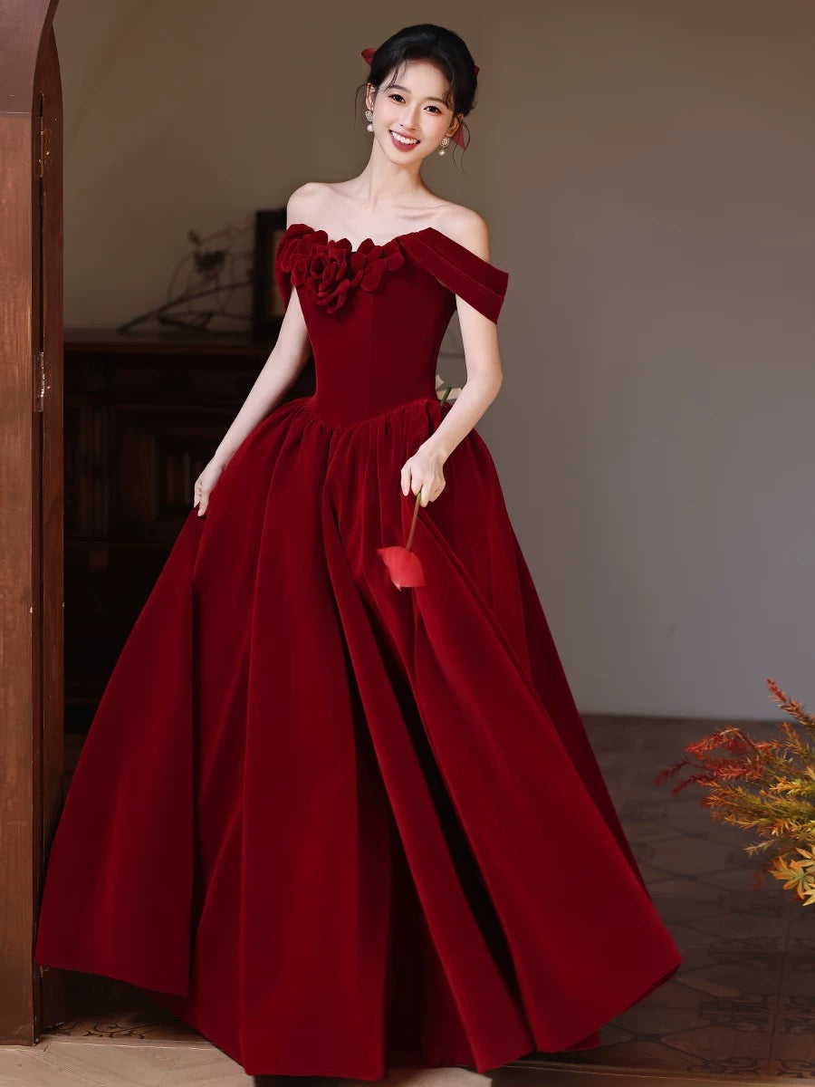A-Line Burgundy Prom Dress Off Shoulder Floor Length Birthday Outfit