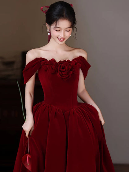 A-Line Burgundy Prom Dress Off Shoulder Floor Length Birthday Outfit