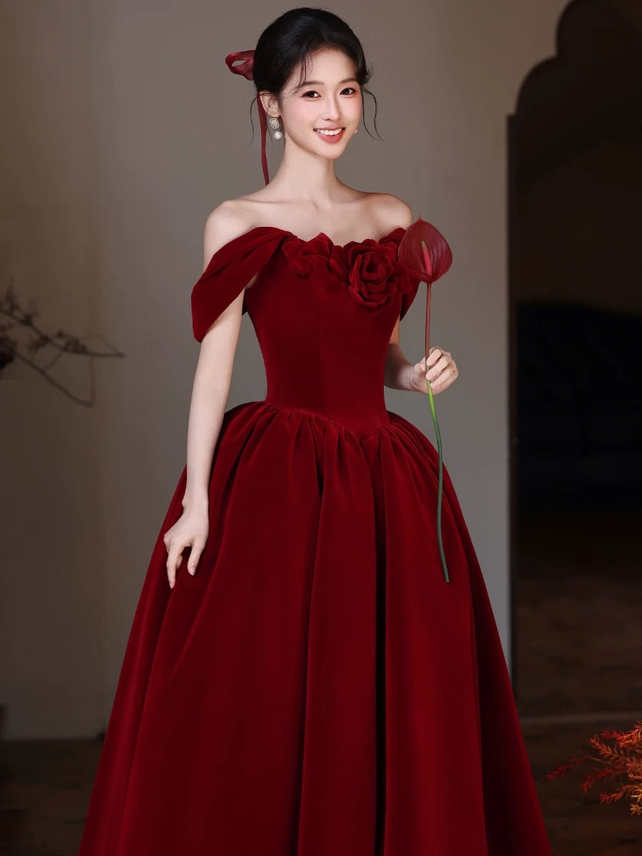 A-Line Burgundy Prom Dress Off Shoulder Floor Length Birthday Outfit