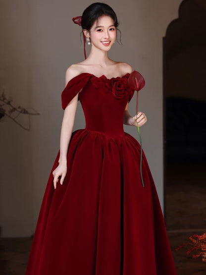A-Line Burgundy Prom Dress Off Shoulder Floor Length Birthday Outfit