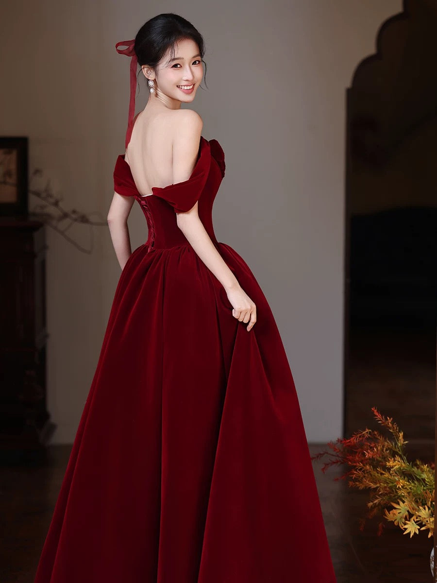 A-Line Burgundy Prom Dress Off Shoulder Floor Length Birthday Outfit