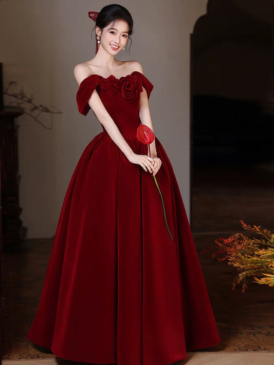 A-Line Burgundy Prom Dress Off Shoulder Floor Length Birthday Outfit