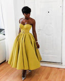Luxury A-line Prom Dresses Tea Length Satin Cocktail Dress