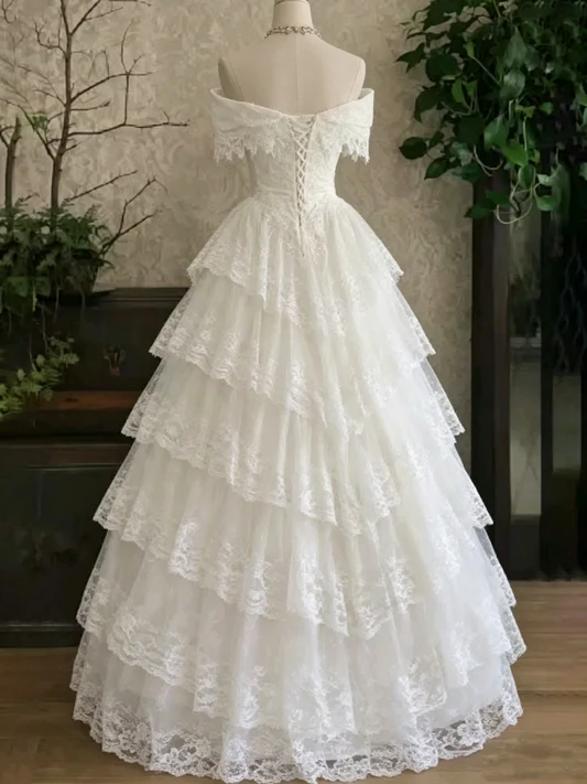 Gorgeous Off the Shoulder A-line Tiered Lace Wedding Dresses