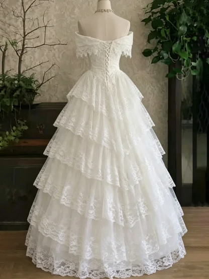 Gorgeous Off the Shoulder A-line Tiered Lace Wedding Dresses