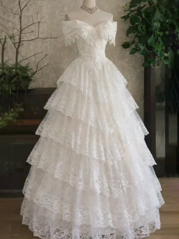 Gorgeous Off the Shoulder A-line Tiered Lace Wedding Dresses