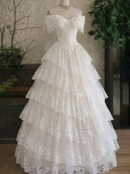 Gorgeous Off the Shoulder A-line Tiered Lace Wedding Dresses