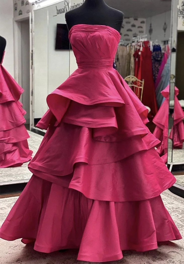 Beautiful Ruffle Dress Long Formal Strapless Satin Dance Dresses