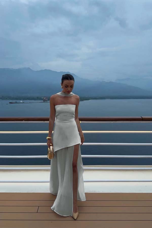 White Strapless Satin Chiffon Split Holiday Summer Prom Dress jkprom White Strapless Satin Chiffon Split Holiday Summer Prom Dress jkprom