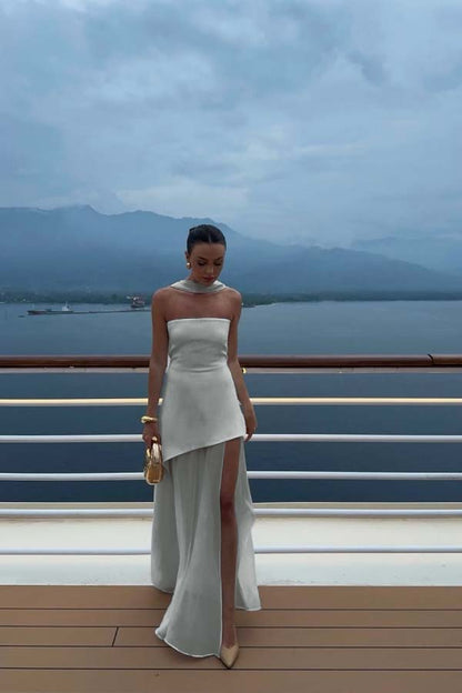 White Strapless Satin Chiffon Split Holiday Summer Prom Dress