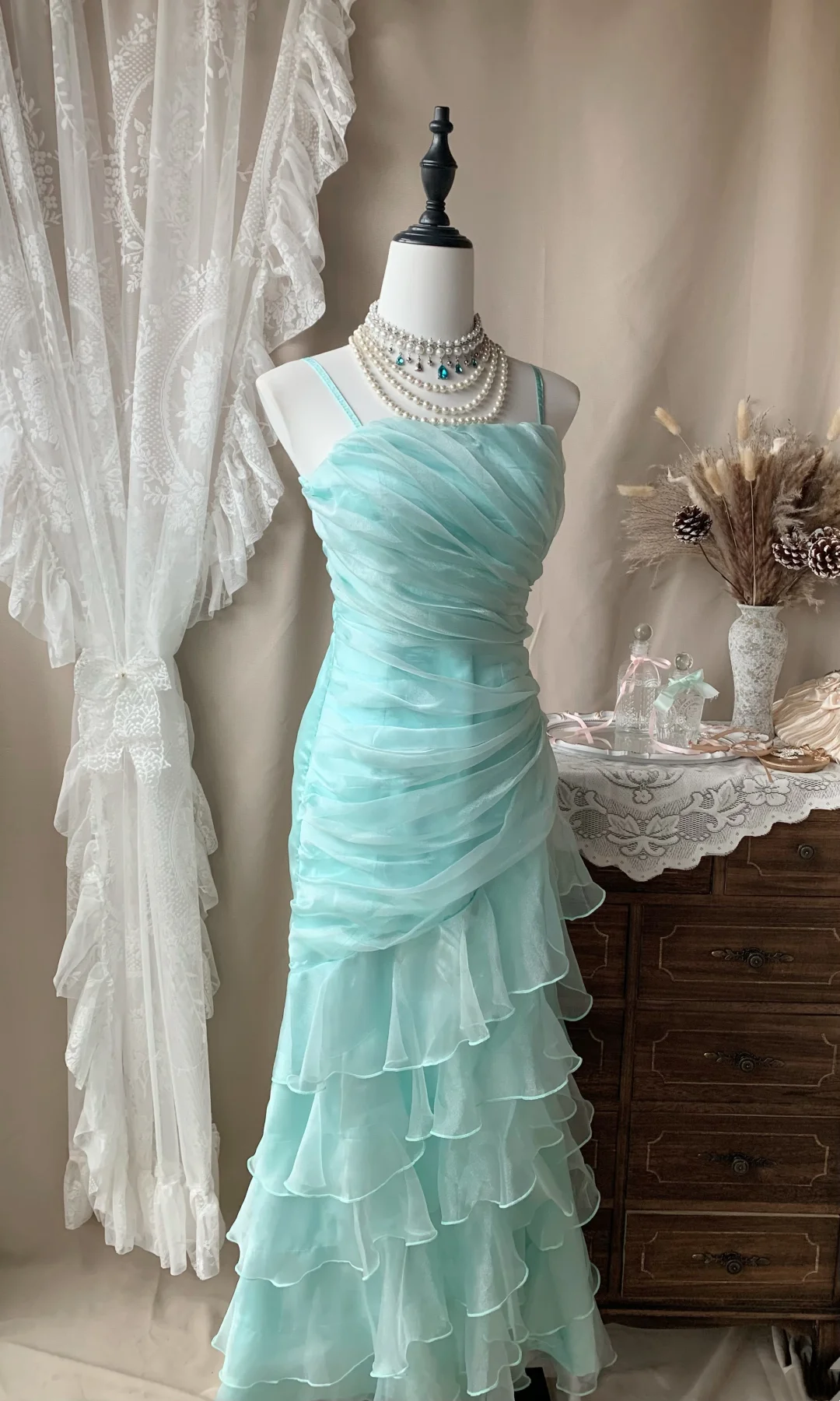 Spaghetti Straps Ruffle Long Prom Dress Mermaid Formal Party Dresses
