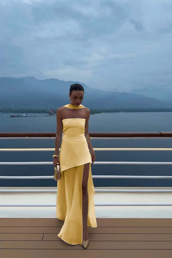 White Strapless Satin Chiffon Split Holiday Summer Prom Dress  jkprom