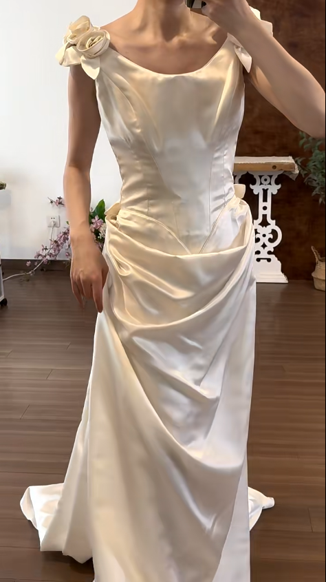 Romantic Satin Wedding Dress A Line Draped Bridal Gowns Long