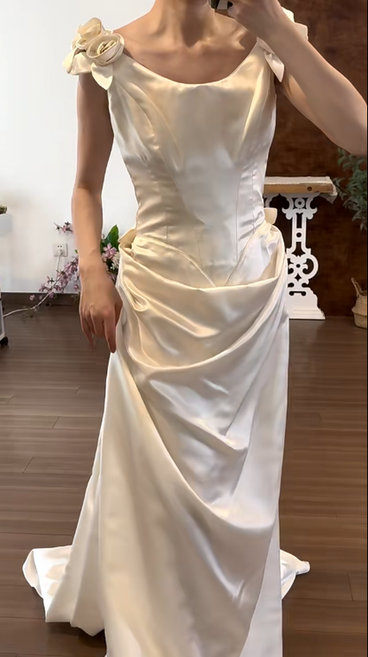 Romantic Satin Wedding Dress A Line Draped Bridal Gowns Long