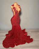 Red Crystal Mermaid Prom Dresses Long Sequin Wedding Party Gown