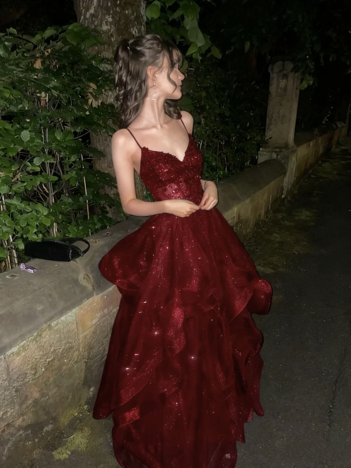 Glamorous Burgundy Spaghetti Strap Ruffled Sweet 15 Quinceanera Ball Gown