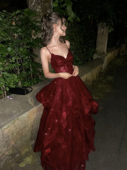 Glamorous Burgundy Spaghetti Strap Ruffled Sweet 15 Quinceanera Ball Gown