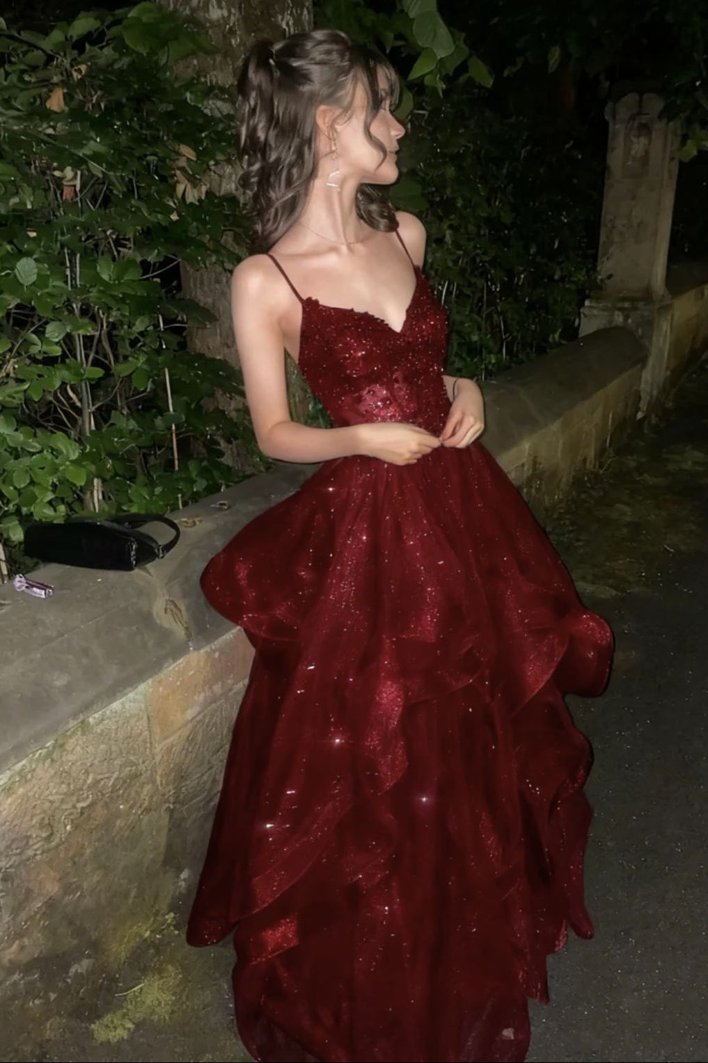 Vintage Spaghetti Straps Burgundy Long Party Dress Tiered Ruffles and Glitter Tulle