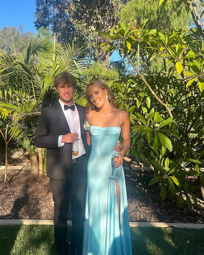 Fancy Aqua Graduation Dress Long with Slit Maxi Grad Dresses