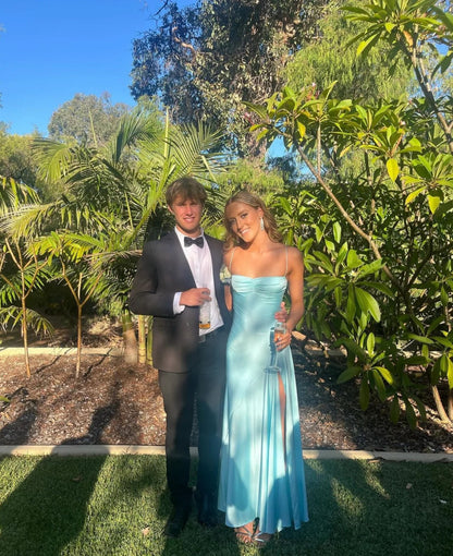 Fancy Aqua Graduation Dress Long with Slit Maxi Grad Dresses