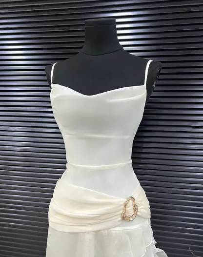 Spaghetti Straps Draped Cowl Neckline Chiffon Evening Gown Ruffled Asymmetrical Hemline