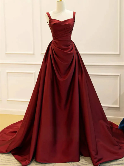 Wine Red Taffeta Straps Party Dress Long A line Evening Gowns Elegant