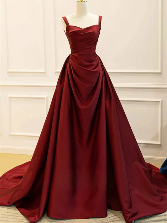 Wine Red Taffeta Straps Party Dress Long A line Evening Gowns Elegant