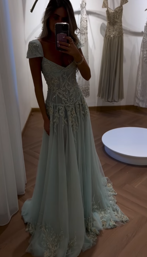 Baby Blue A Line Dress Wedding Guest Dress Exquisite Beaded Tulle Prom Outfit