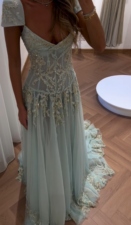 Baby Blue A Line Dress Wedding Guest Dress Exquisite Beaded Tulle Prom Outfit
