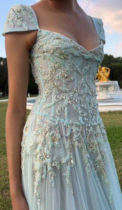 Baby Blue A Line Dress Wedding Guest Dress Exquisite Beaded Tulle Prom Outfit