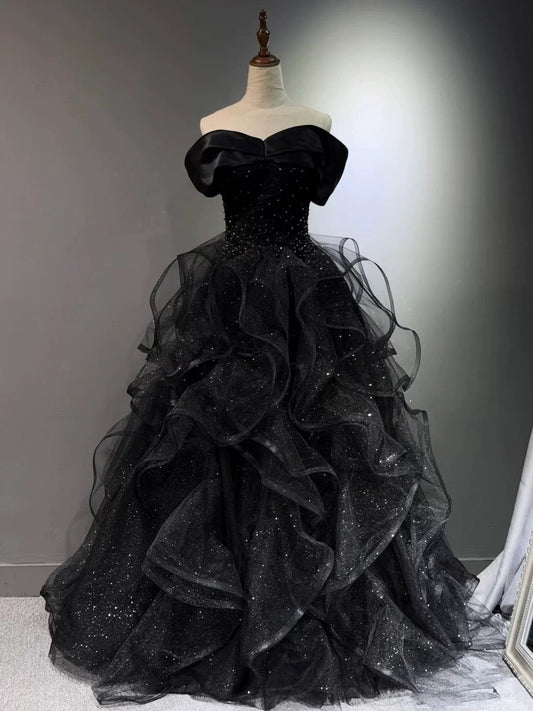 Black Ball Gown Prom Dress Ruffled Formal Birthday Gown Long