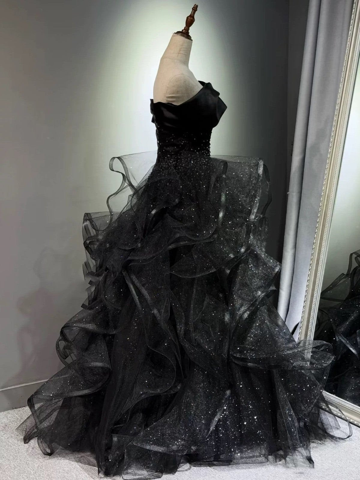 Black Ball Gown Prom Dress Layers Tulle Formal Birthday Gown Long