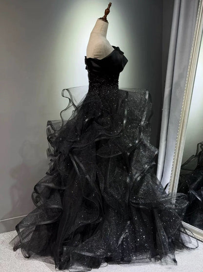 Black Ball Gown Prom Dress Layers Tulle Formal Birthday Gown Long