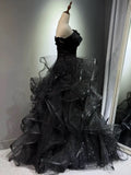 Black Ball Gown Prom Dress Ruffled Formal Birthday Gown Long