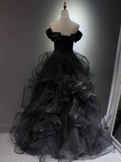 Black Ball Gown Prom Dress Layers Tulle Formal Birthday Gown Long