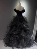 Black Ball Gown Prom Dress Ruffled Formal Birthday Gown Long