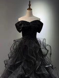Black Ball Gown Prom Dress Ruffled Formal Birthday Gown Long