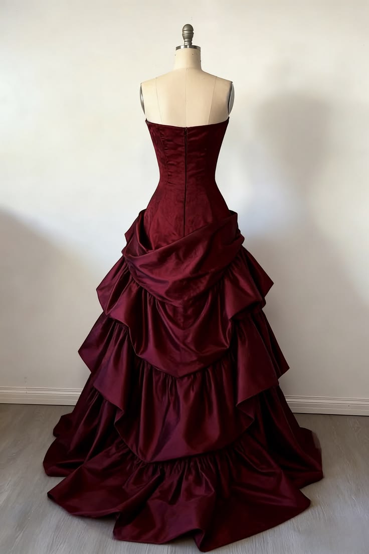 Burgundy Satin Strapless Prom Dress Vintage Formal Gown
