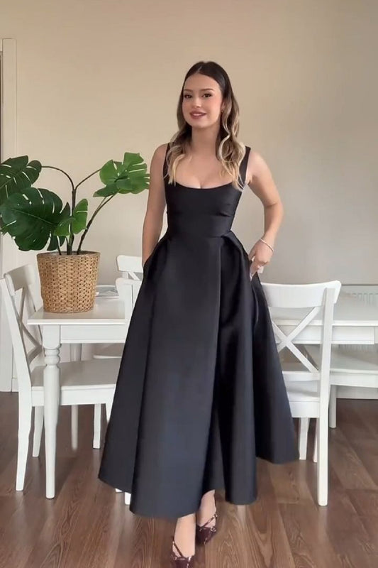 Classy Black Party Dresses Satin Midi Club Dinner Dress