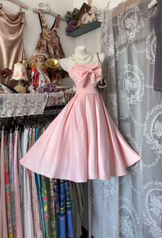 Simple A Line Pink Satin Birthday Dress Formal Party Dresses