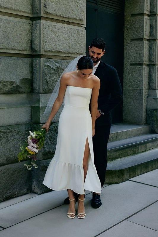 Simple Satin Sheath Midi Wedding Dress With Slit