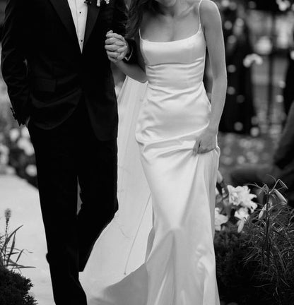 Beautiful Sheath Straps Long Wedding Dress Spandex Satin Prom Dresses