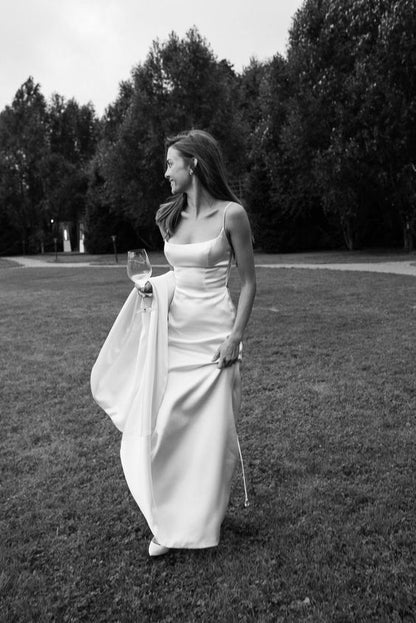 Beautiful Sheath Straps Long Wedding Dress Spandex Satin Prom Dresses